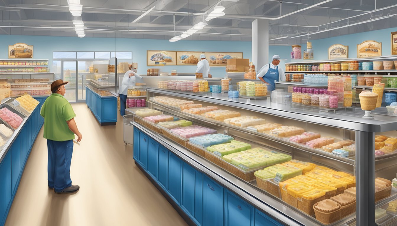 The Alvin distribution branch of Blue Bell Creameries displays a variety of ice cream products in a spacious, brightly lit warehouse