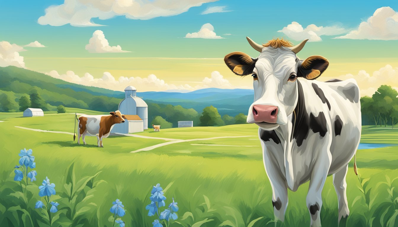 A smiling cow standing in a lush green pasture, with a bright blue sky and the Blue Bell Creameries logo in the background