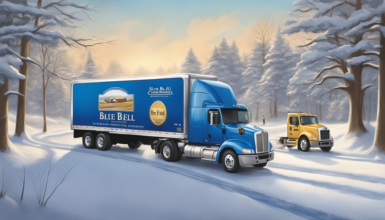 Blue Bell Creameries trucks navigating snowy roads, passing milestones of the company's history