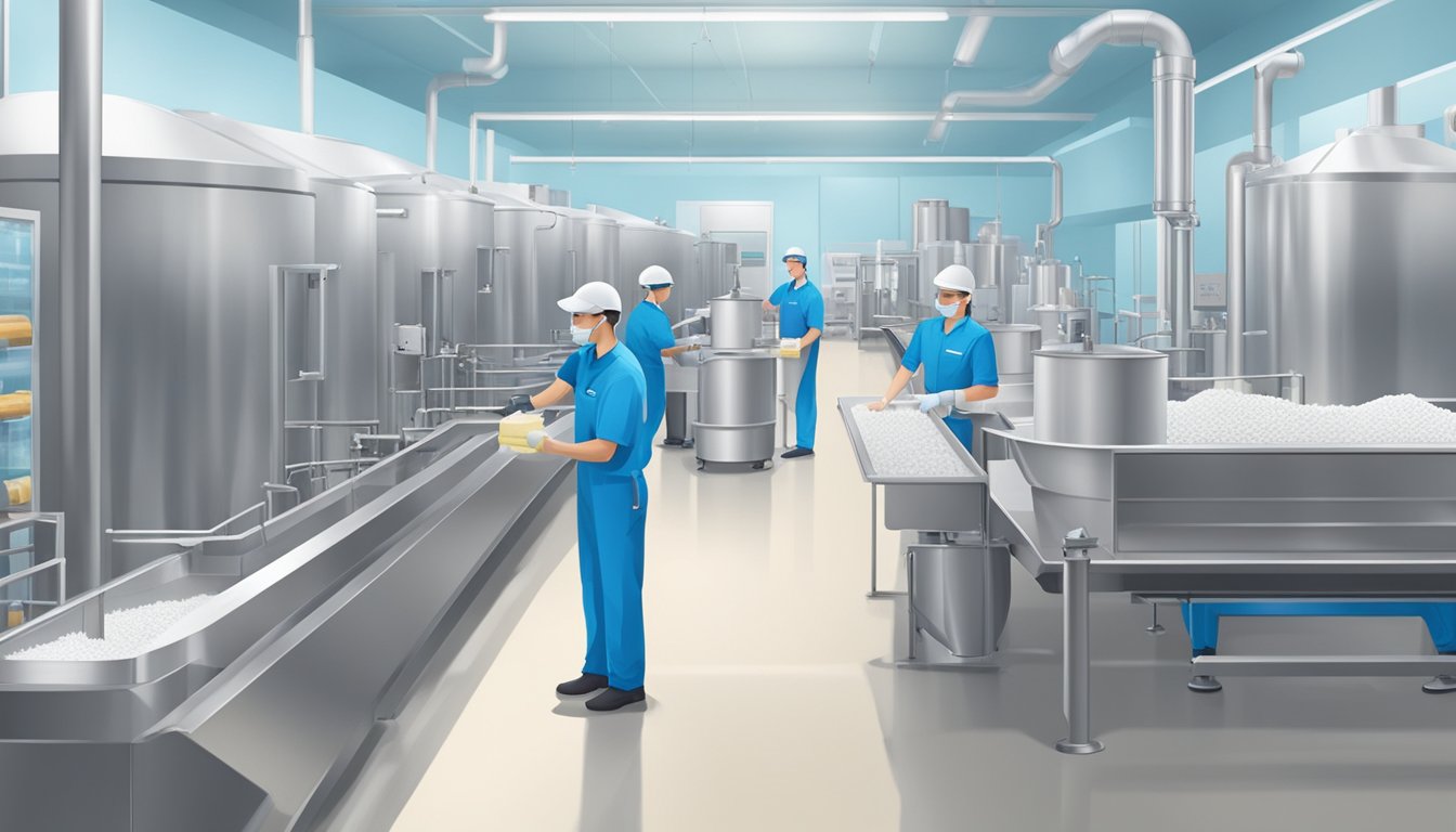 Employees in blue uniforms operate machinery and package products in a clean, modern creamery facility