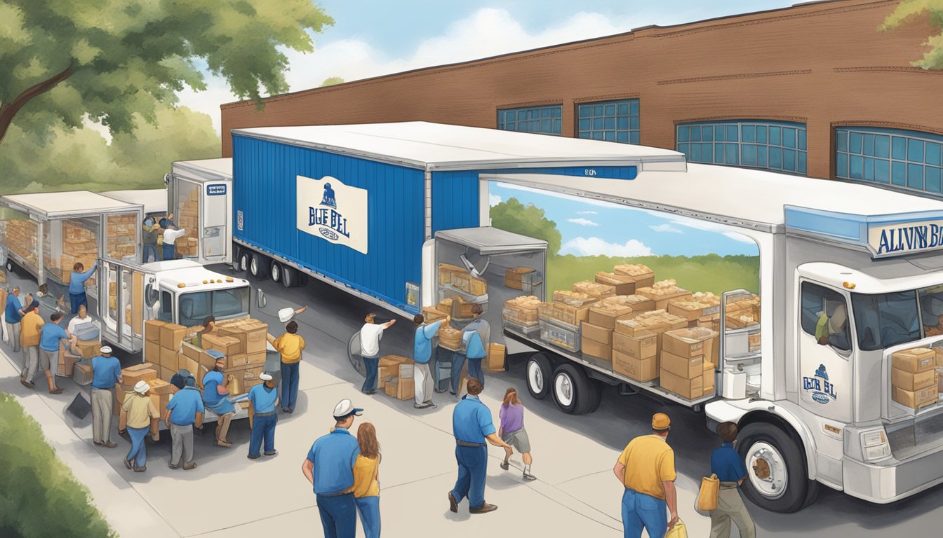 The Alvin distribution branch of Blue Bell Creameries, bustling with activity as workers load and unload trucks filled with ice cream products