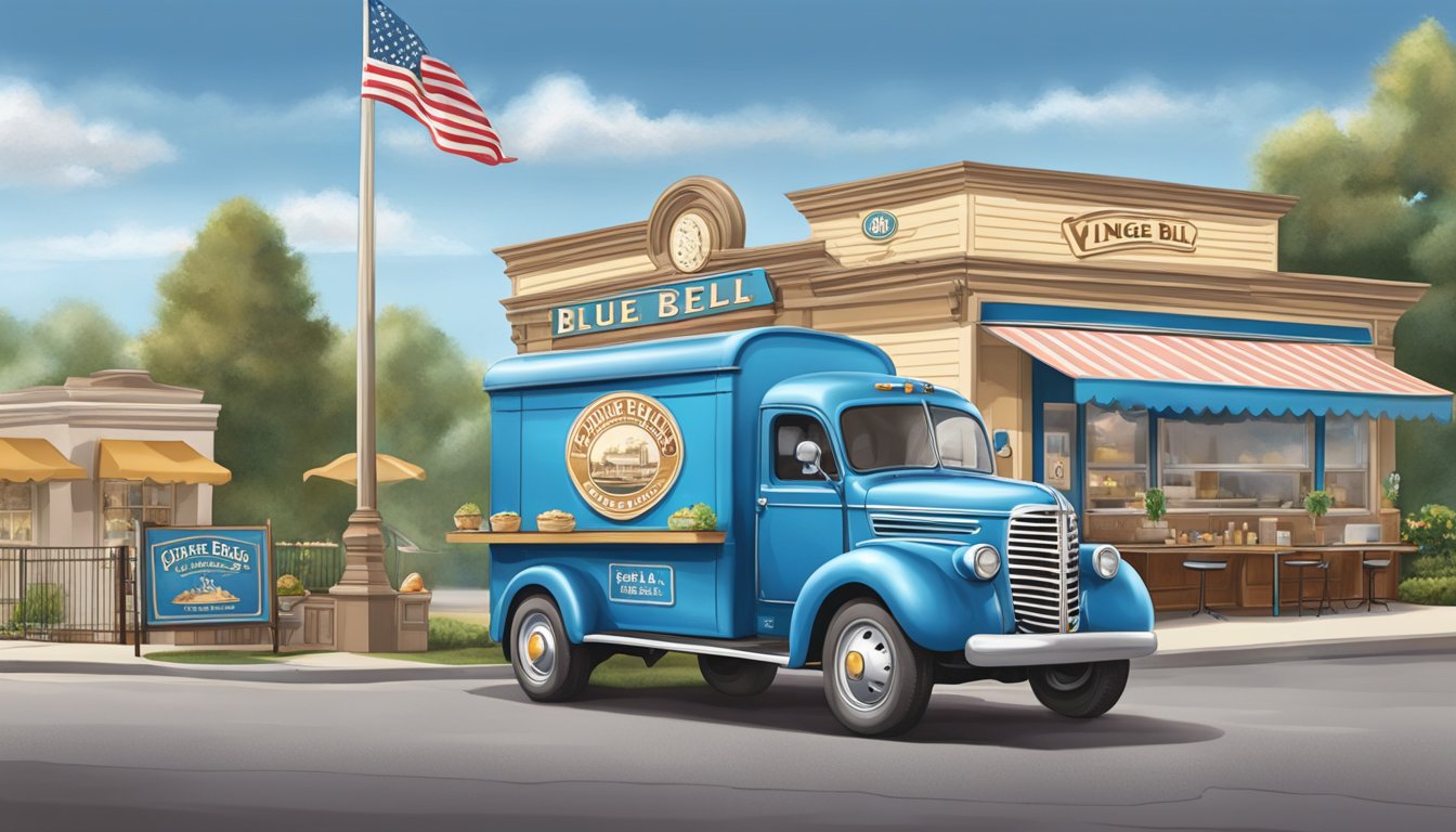 A vintage blue bell creameries delivery truck parked in front of a quaint, old-fashioned ice cream parlor