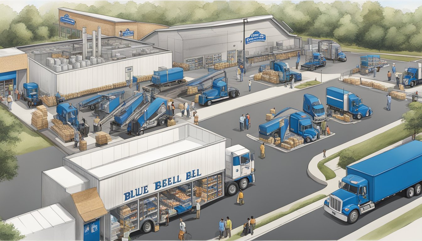 The blue bell creameries alvin distribution branch is bustling with activity as workers load and unload trucks with ice cream products