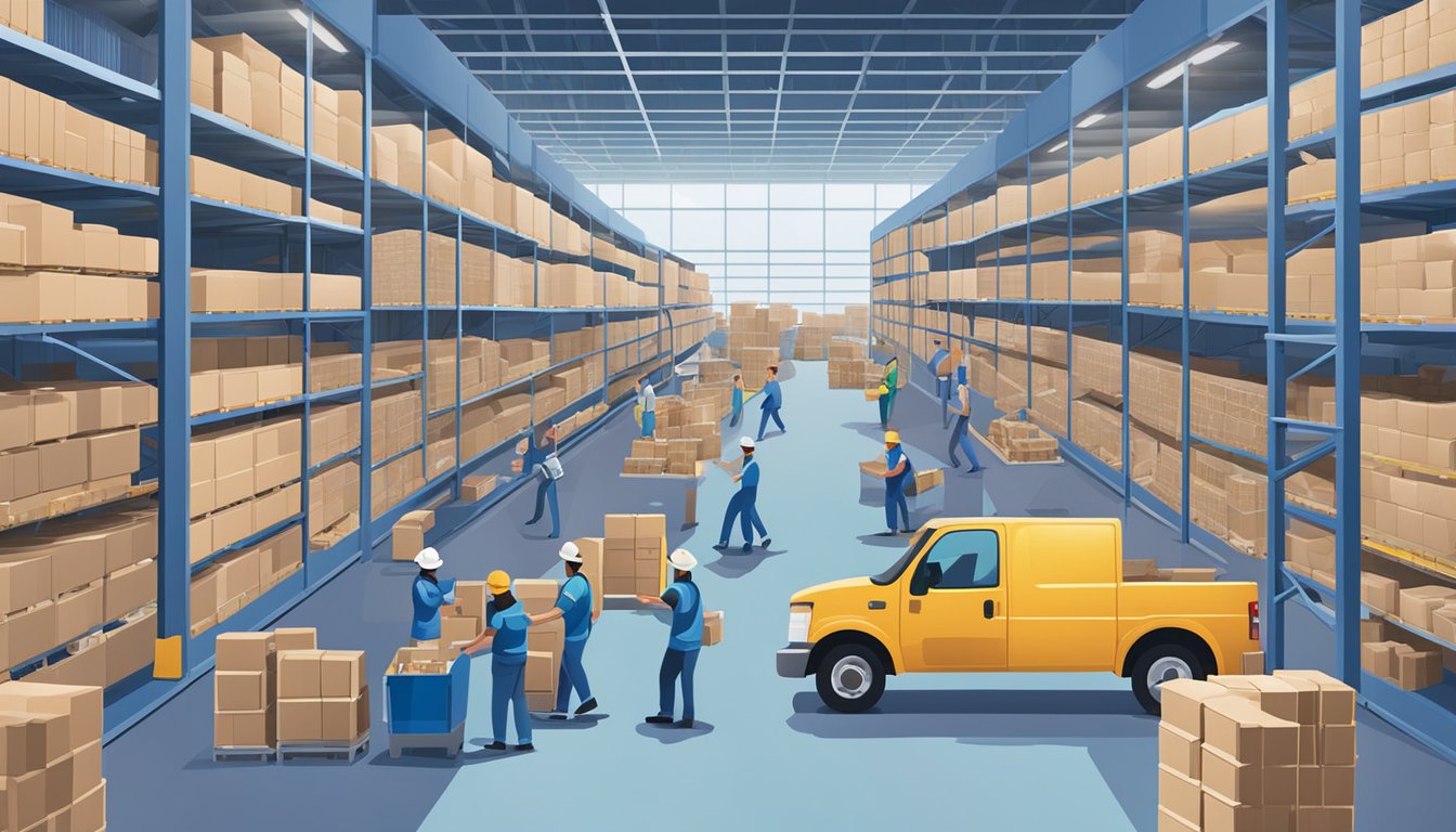 A bustling distribution center with workers loading crates onto trucks amidst a backdrop of towering shelves filled with blue bell ice cream