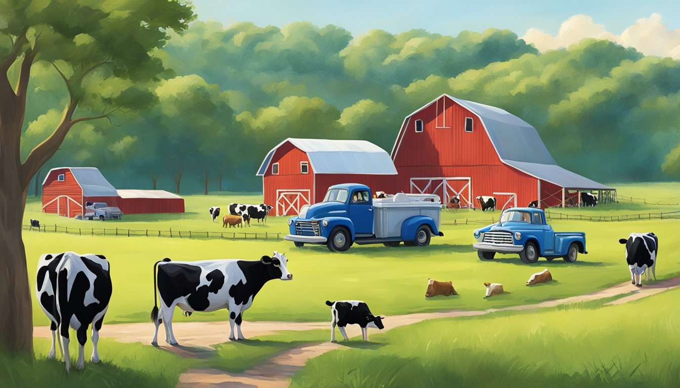 A sunny Texas farm scene with cows grazing in a lush green pasture, a red barn in the background, and a Blue Bell Ice Cream truck parked nearby