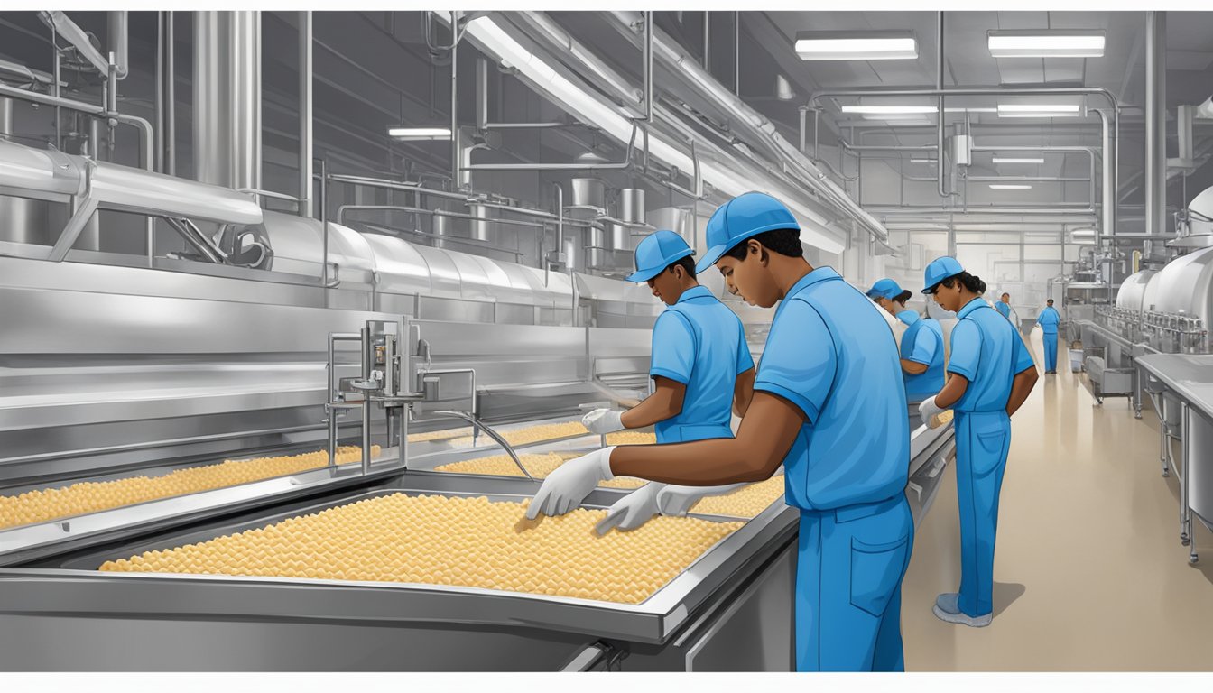 Machinery and workers in blue uniforms at Blue Bell Creameries Texas, inspecting and packaging ice cream pints on the production line