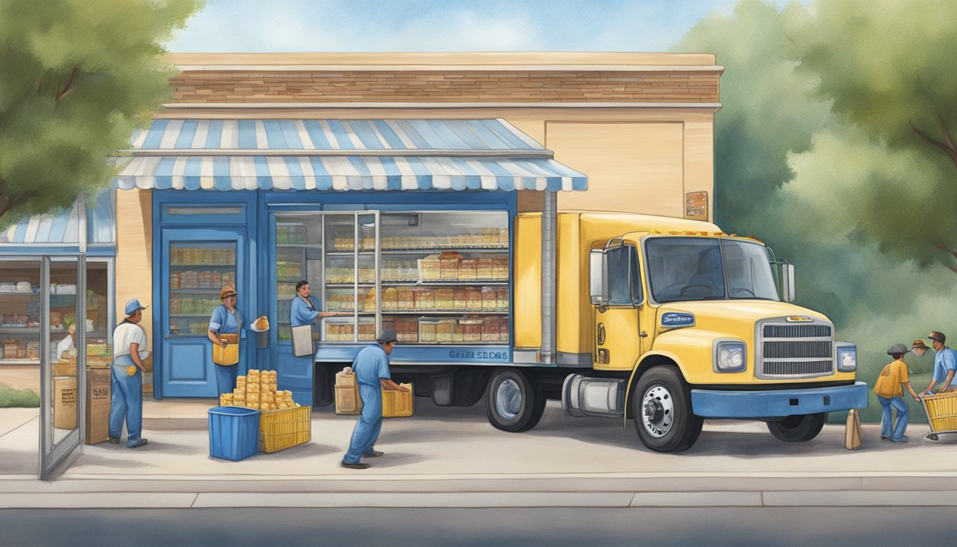 A blue bell creameries truck parked outside a Texas grocery store, with workers unloading crates of ice cream