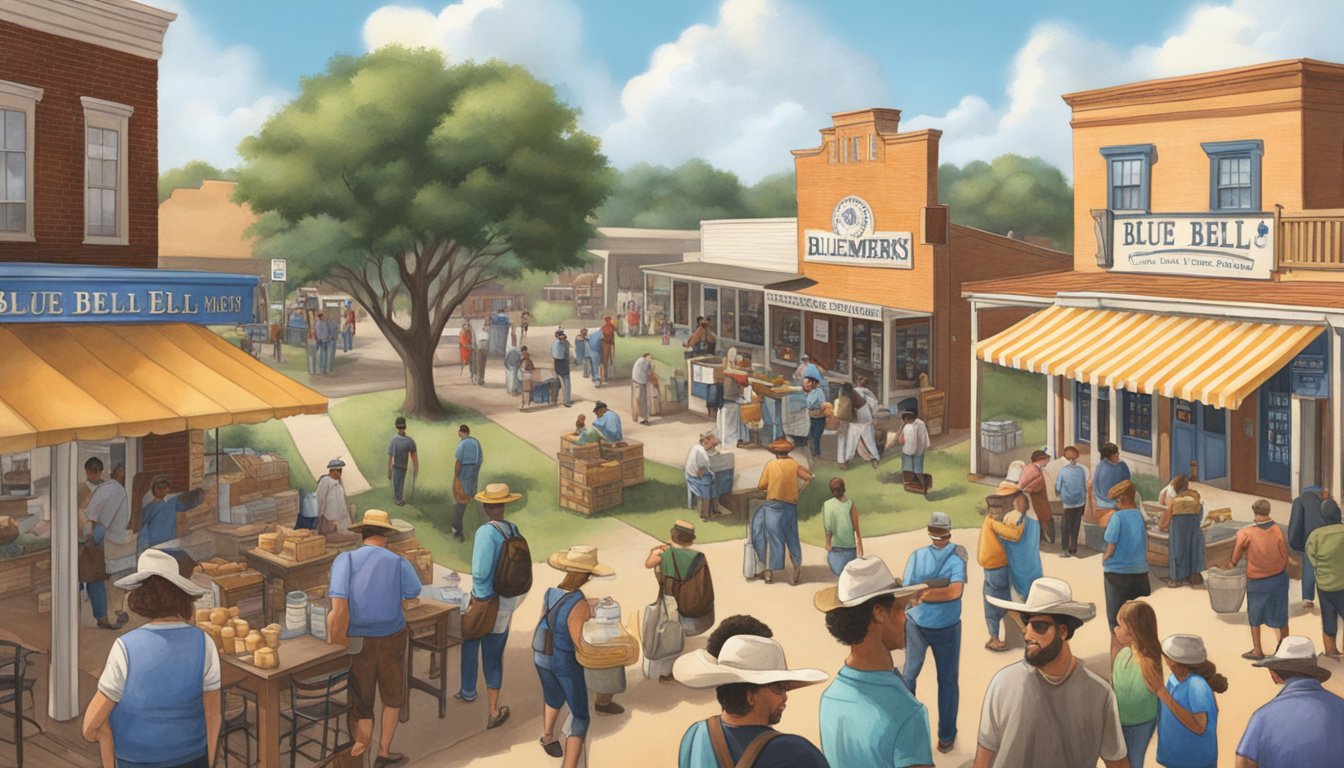 A bustling Texas town gathers at the local Blue Bell Creameries, celebrating its cultural impact on the community