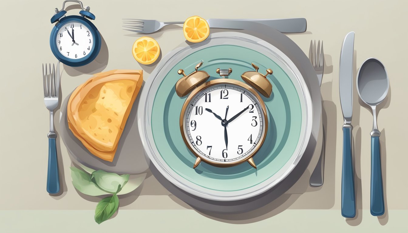 A table set with a clock, plate, and food, with a timer set for intermittent fasting