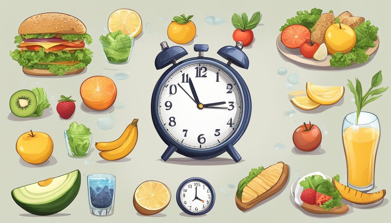 A clock showing different times for eating and fasting, surrounded by healthy food and a glass of water