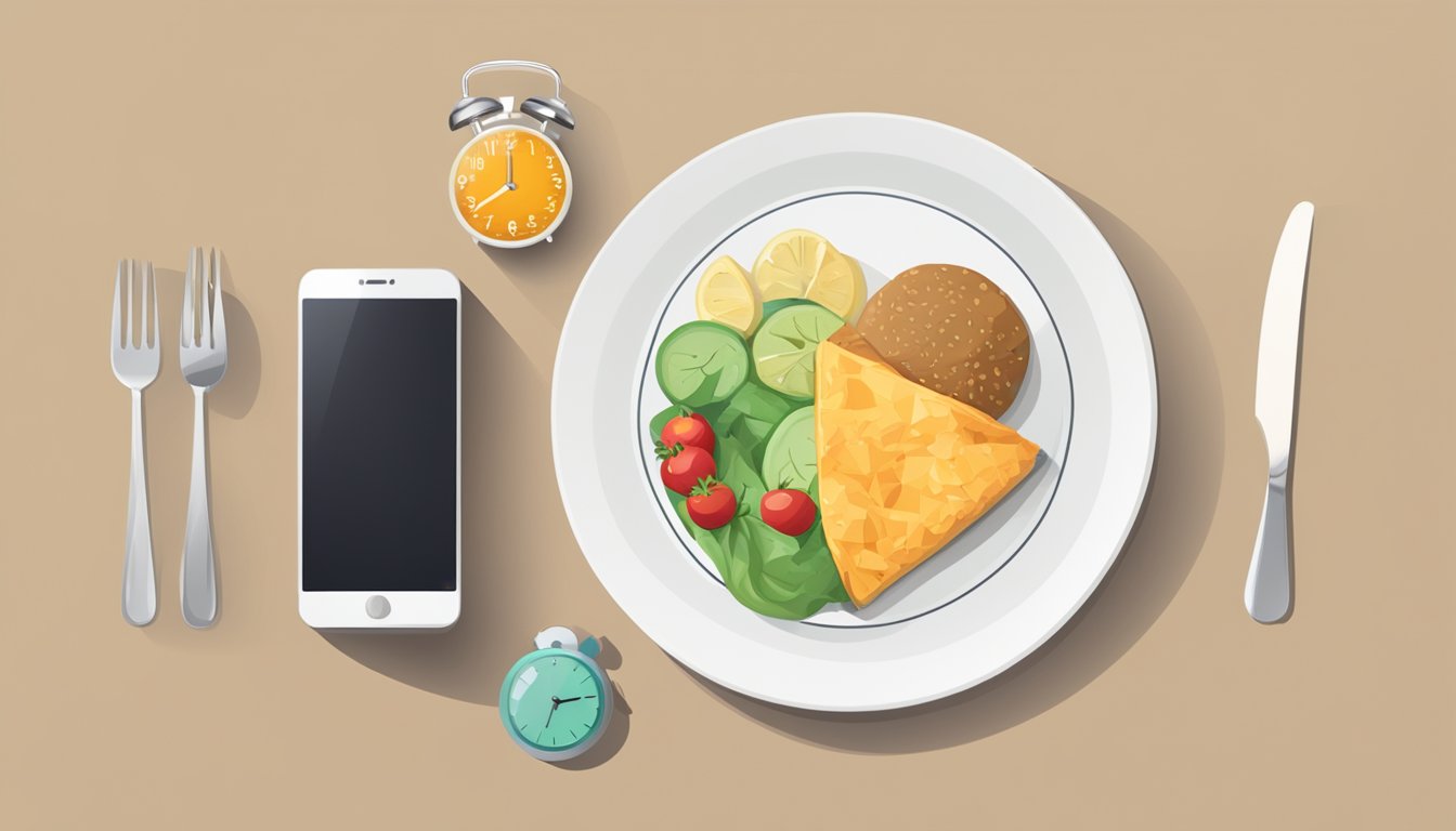 A table with a plate of food, a clock, and a smartphone displaying an intermittent fasting timer