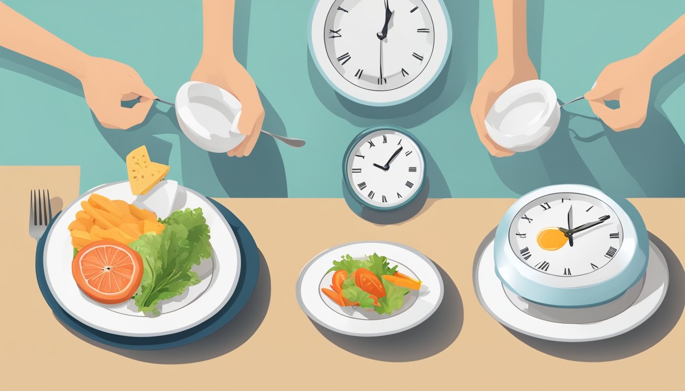 A clock with hands set at different times, a plate of food, and an empty plate symbolizing intermittent fasting