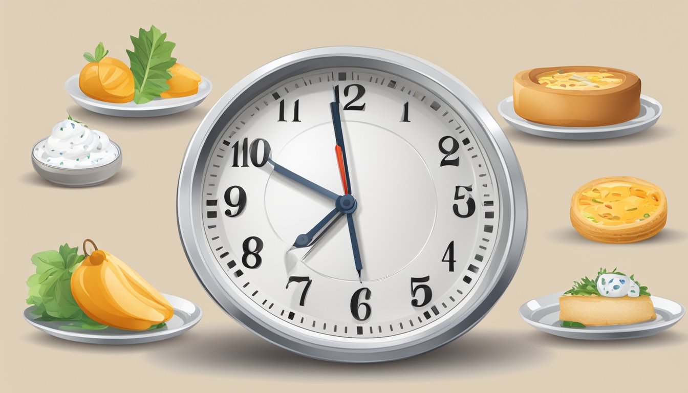 A clock showing different time intervals, a calendar with marked dates, and a plate with food and an empty plate