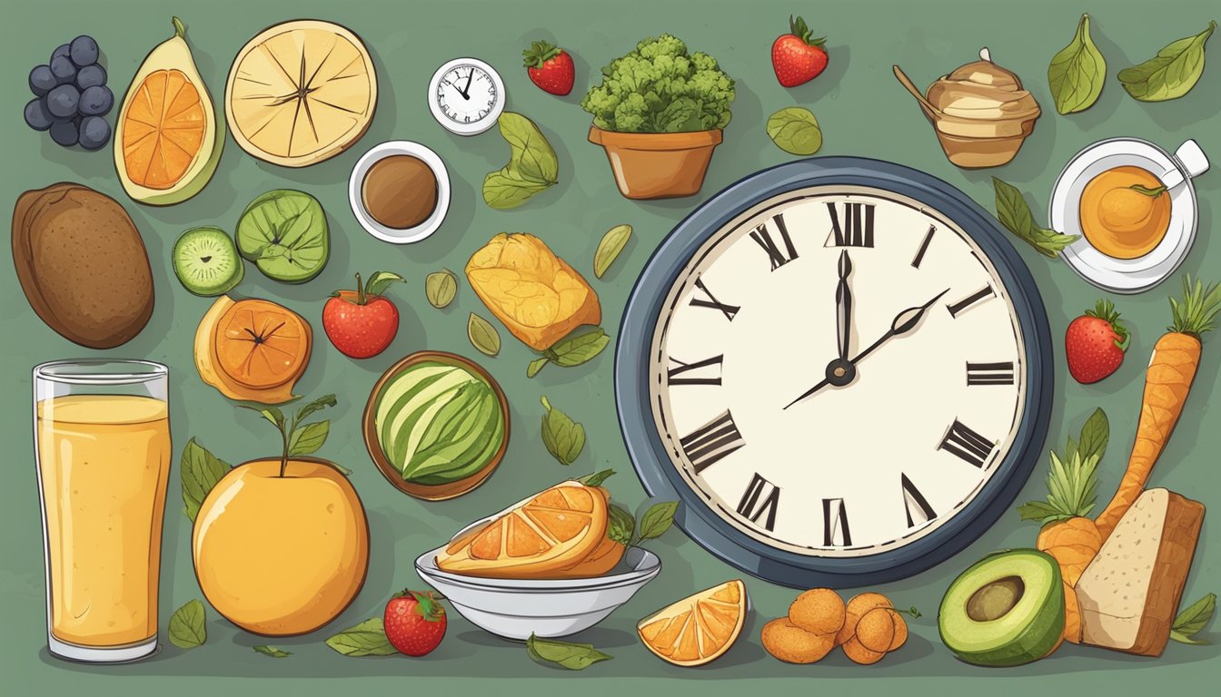 A table with a variety of healthy foods and a clock showing different times of the day, symbolizing intermittent fasting and sustainable eating habits