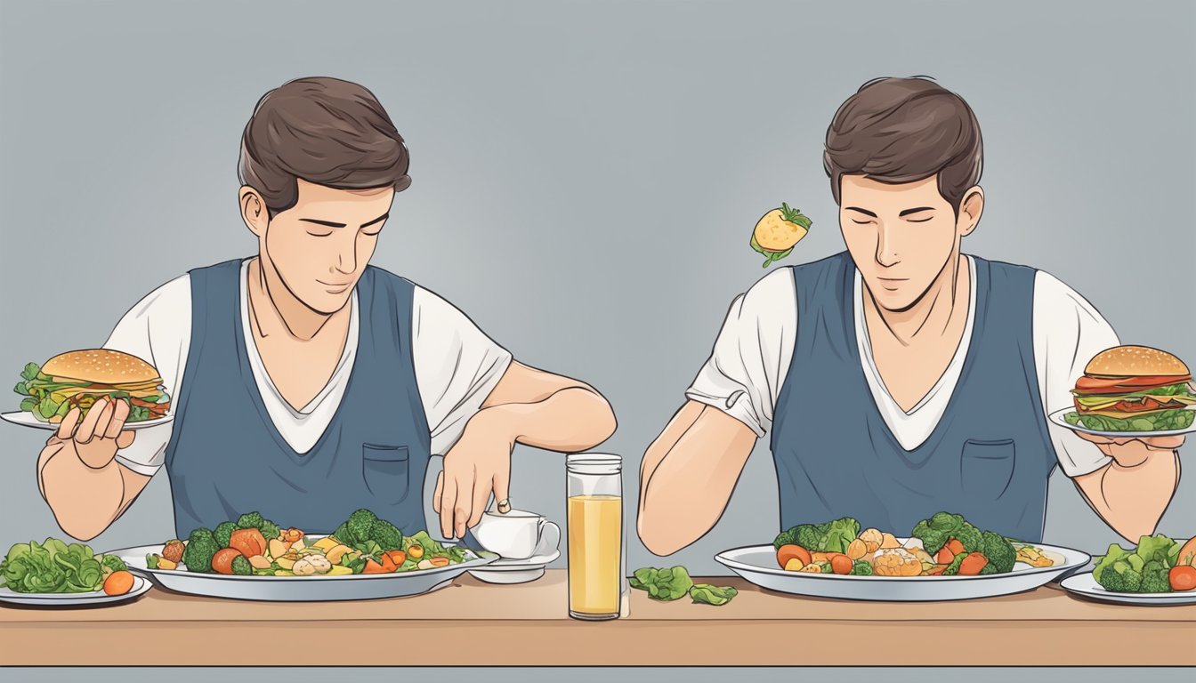 A person eating a balanced meal at a set time, then refraining from eating for a specific period before resuming normal eating habits