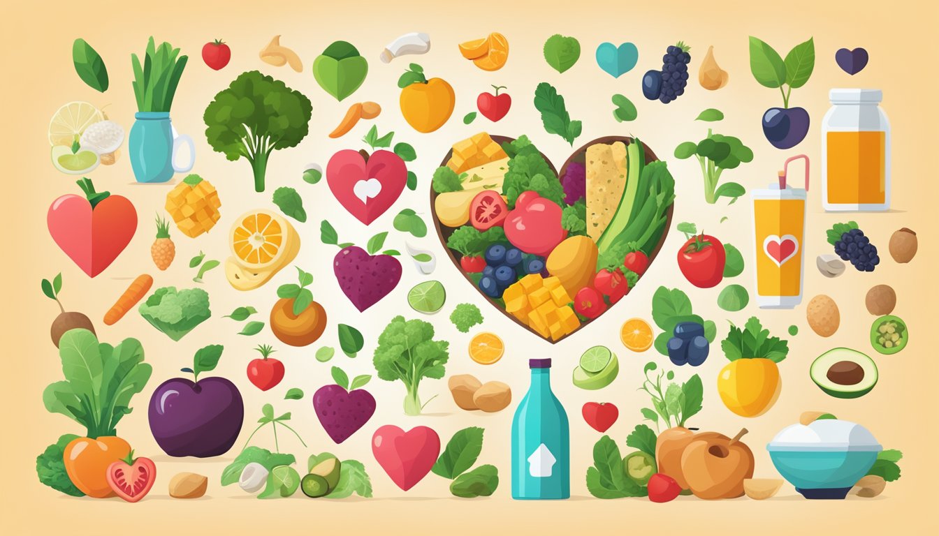 A diverse array of healthy foods and a heart-shaped symbol surrounded by icons representing various health benefits