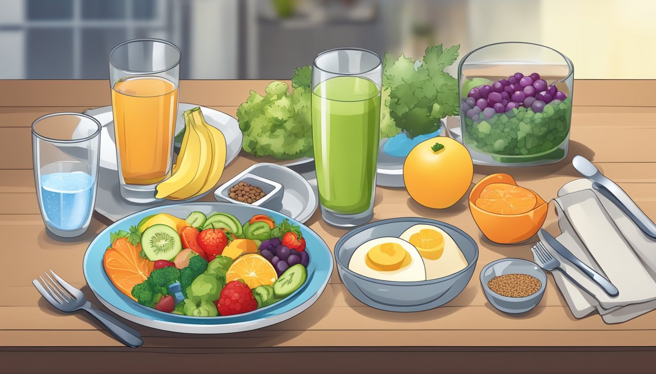 A colorful plate of balanced meals with fruits, vegetables, lean proteins, and whole grains arranged on a table, surrounded by a glass of water and a timer set to 16/8