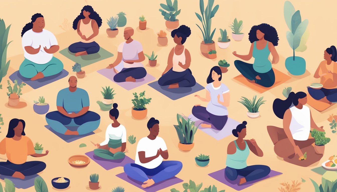 A diverse group of people engaging in various activities, such as yoga, meditation, and cooking healthy meals, to support their weight loss journey through intermittent fasting