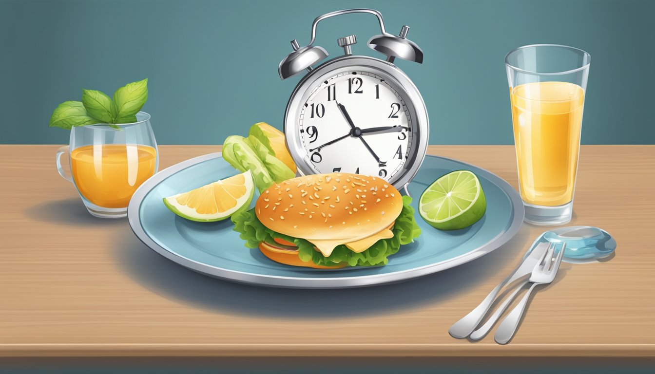 A clock showing 16 hours, a plate of food, and a glass of water