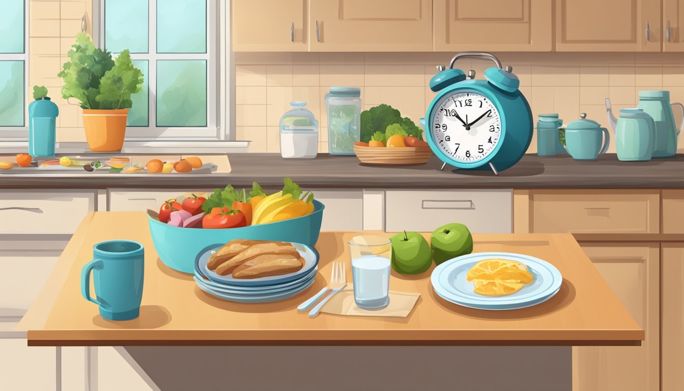 A kitchen counter with a clock showing 8 hours of eating time and 16 hours of fasting. Healthy food and water are nearby