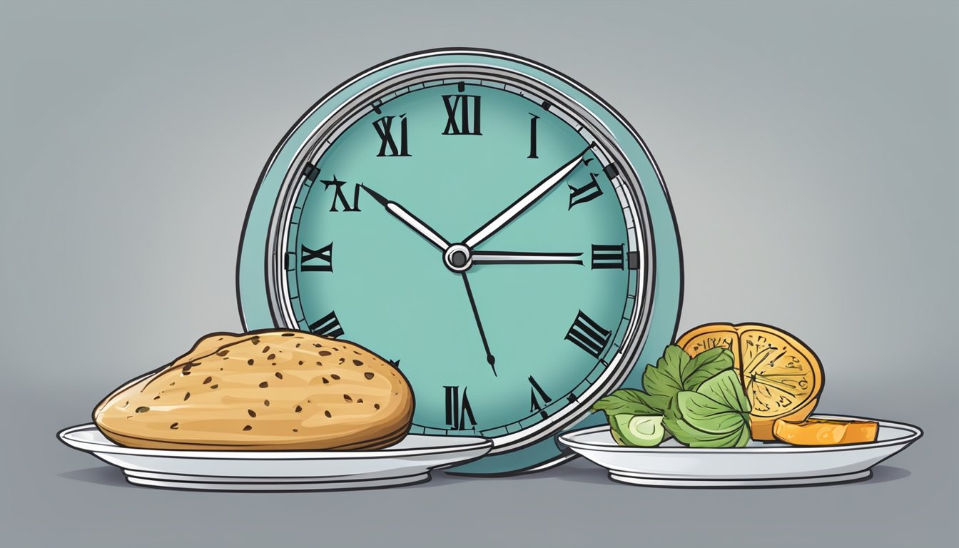 A clock showing a 16-hour fasting period, with an empty plate and a full plate side by side