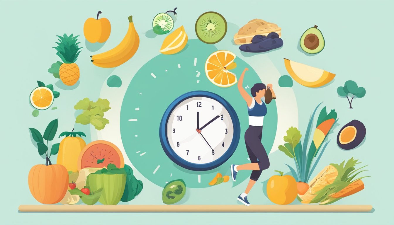 A clock showing different time intervals, healthy food choices, and a person exercising