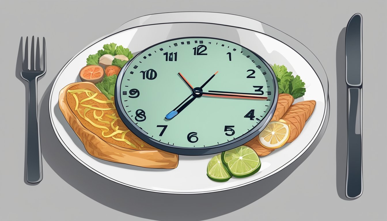 A clock showing different times of day with a plate of food and an empty plate, symbolizing intermittent fasting and its effects