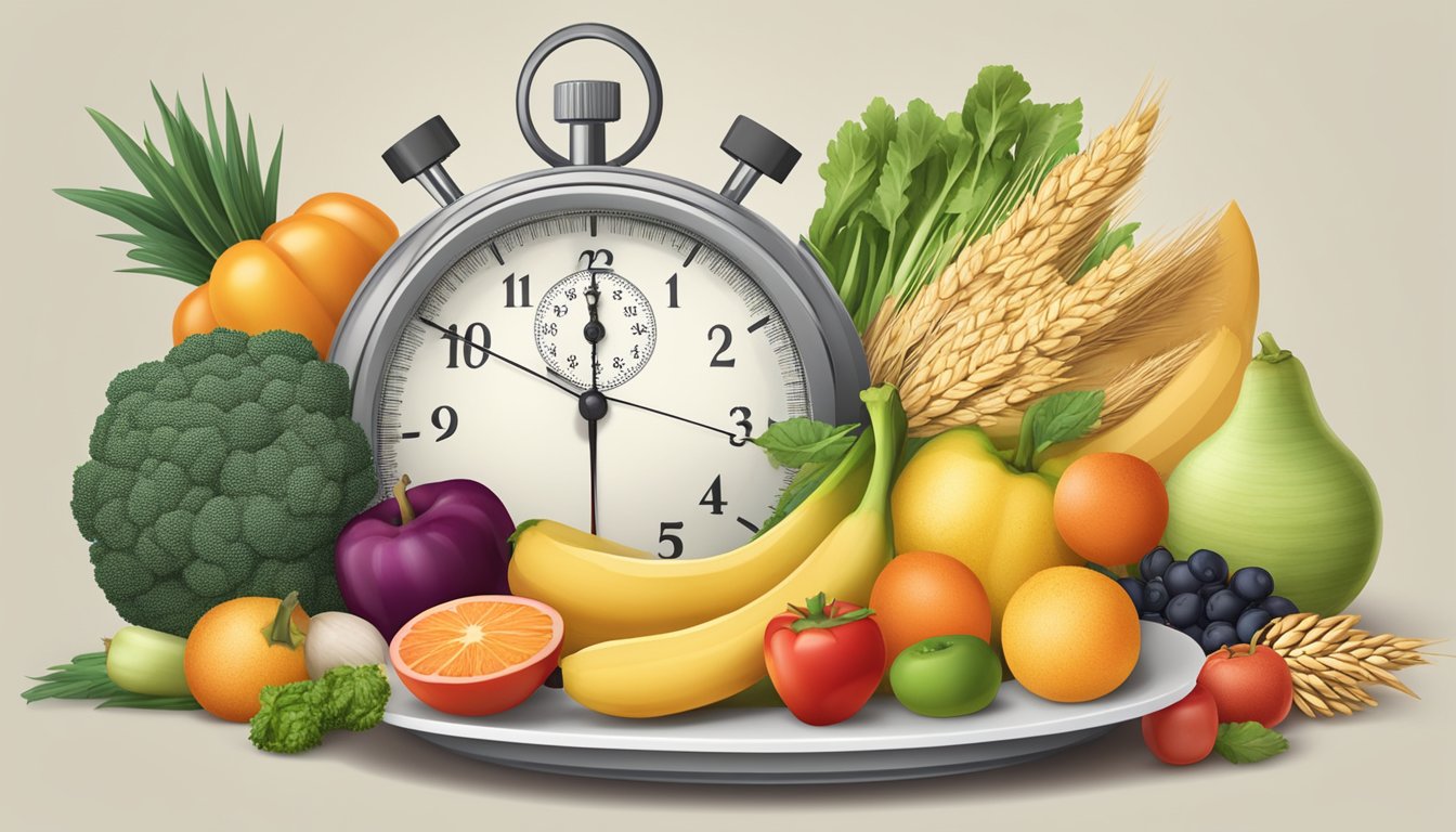 A table filled with various fruits, vegetables, and whole grains, with a stopwatch beside a plate of food