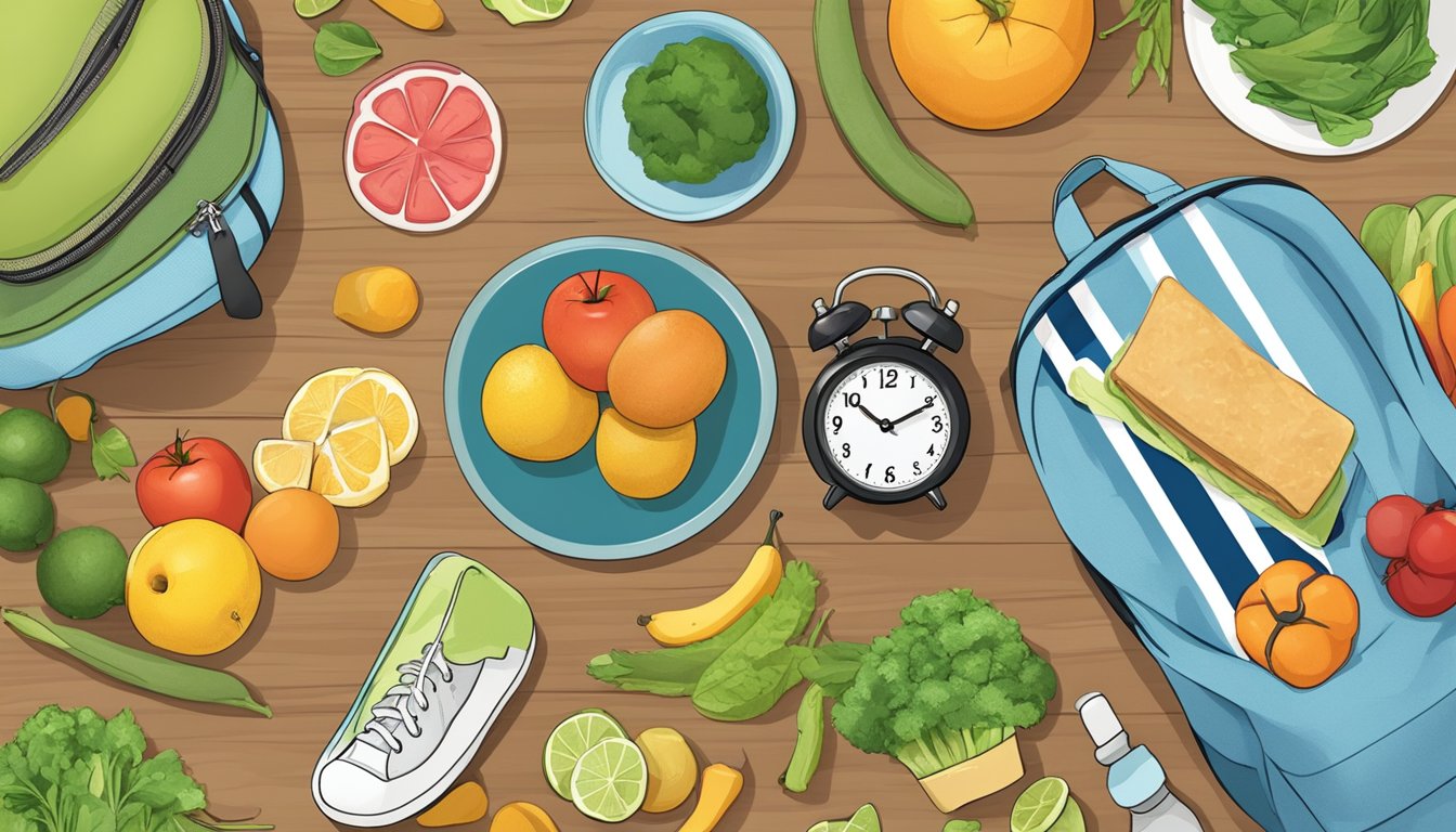 A clock on a table, surrounded by healthy food and a gym bag