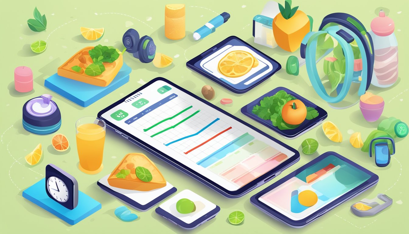 A smartphone displaying a progress chart with a motivating background, surrounded by healthy food and fitness items