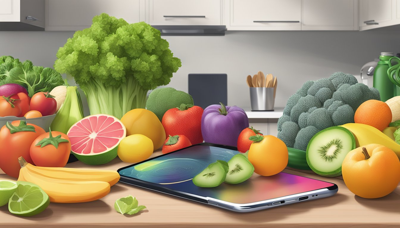 A colorful array of fresh fruits and vegetables arranged on a kitchen counter, alongside a water bottle and a smartphone displaying a free intermittent fasting app