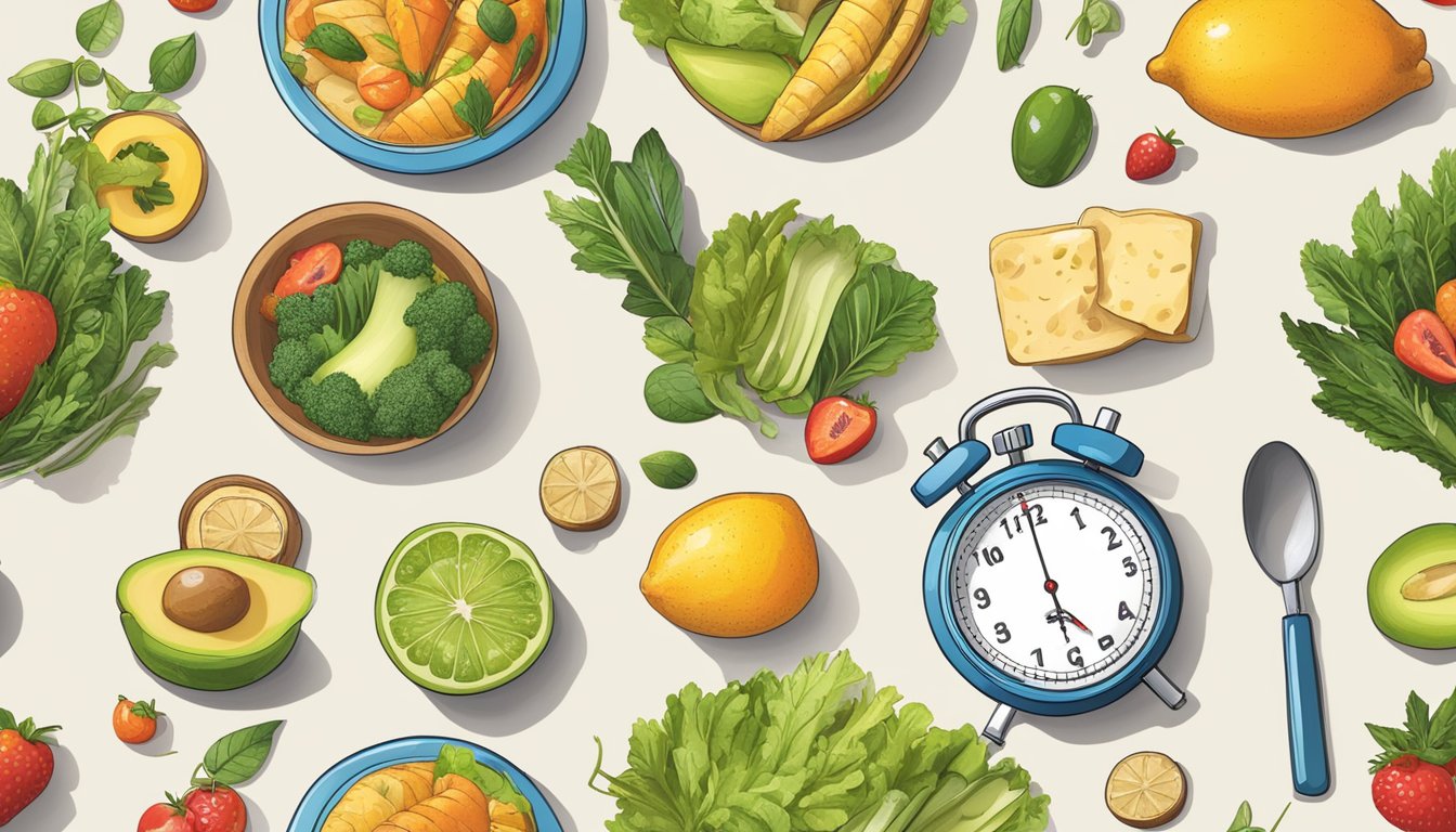 A diverse array of healthy foods and a stopwatch on a table