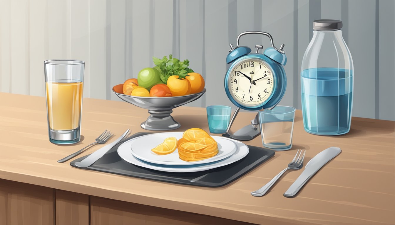 A kitchen counter with a clock showing different time intervals, a plate of food, and an empty glass of water