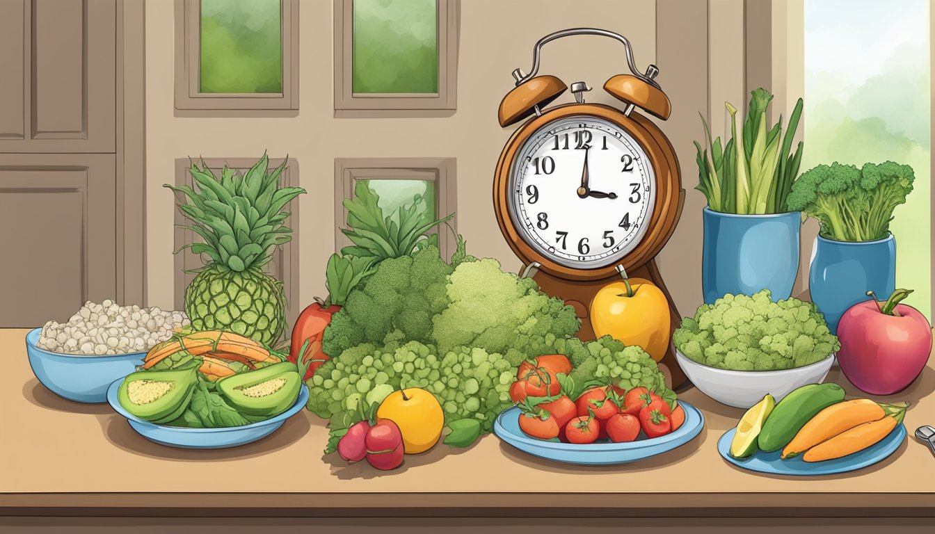 A clock showing a restricted eating window, with healthy foods and a scale nearby