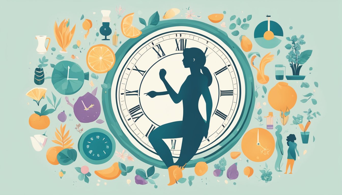 A woman's silhouette surrounded by symbols of health and wellness, with a clock indicating specific fasting periods tailored to female physiology