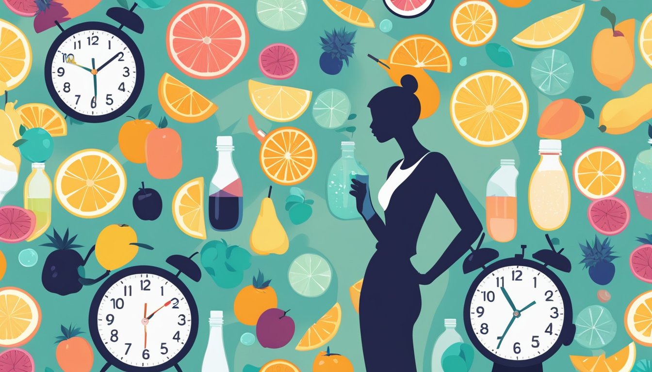 A woman's silhouette surrounded by various clock faces, fruits, and water bottles, symbolizing the challenges and considerations of intermittent fasting for women