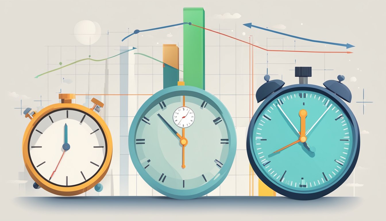 A clock showing different time intervals, a measuring tape, and a graph chart showing progress over time