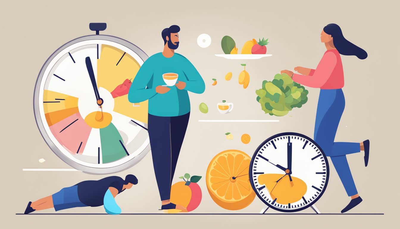 A clock showing the passage of time, a balanced meal, and a person engaging in physical activity