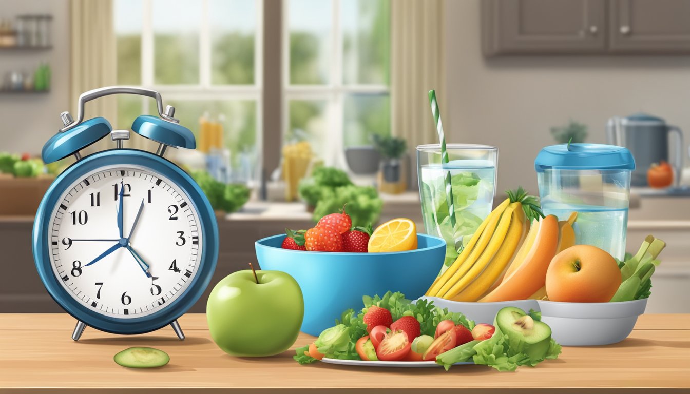 A clock showing a specific time window for eating, surrounded by healthy food and water, with a warning sign for medical conditions