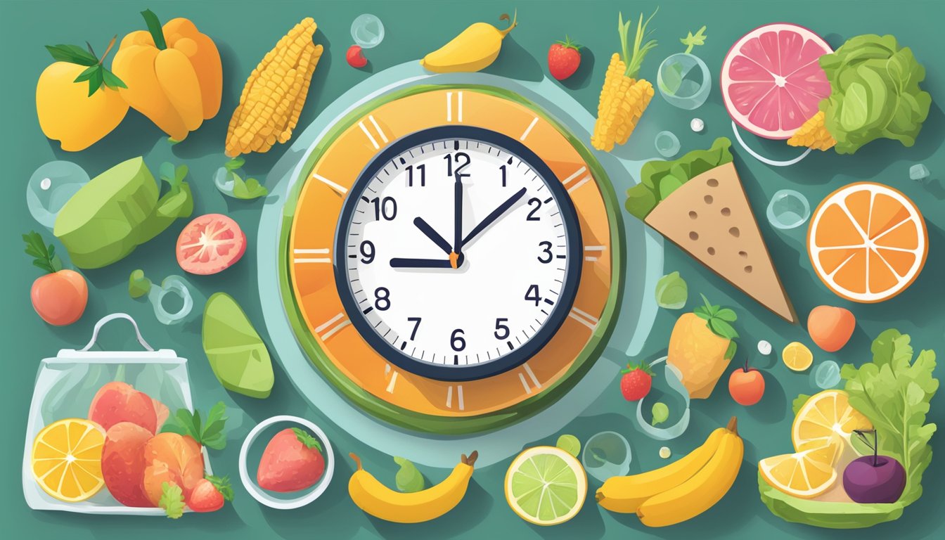 A clock showing specific eating windows within a day, surrounded by healthy food and a fitness tracker to represent long-term success with intermittent fasting