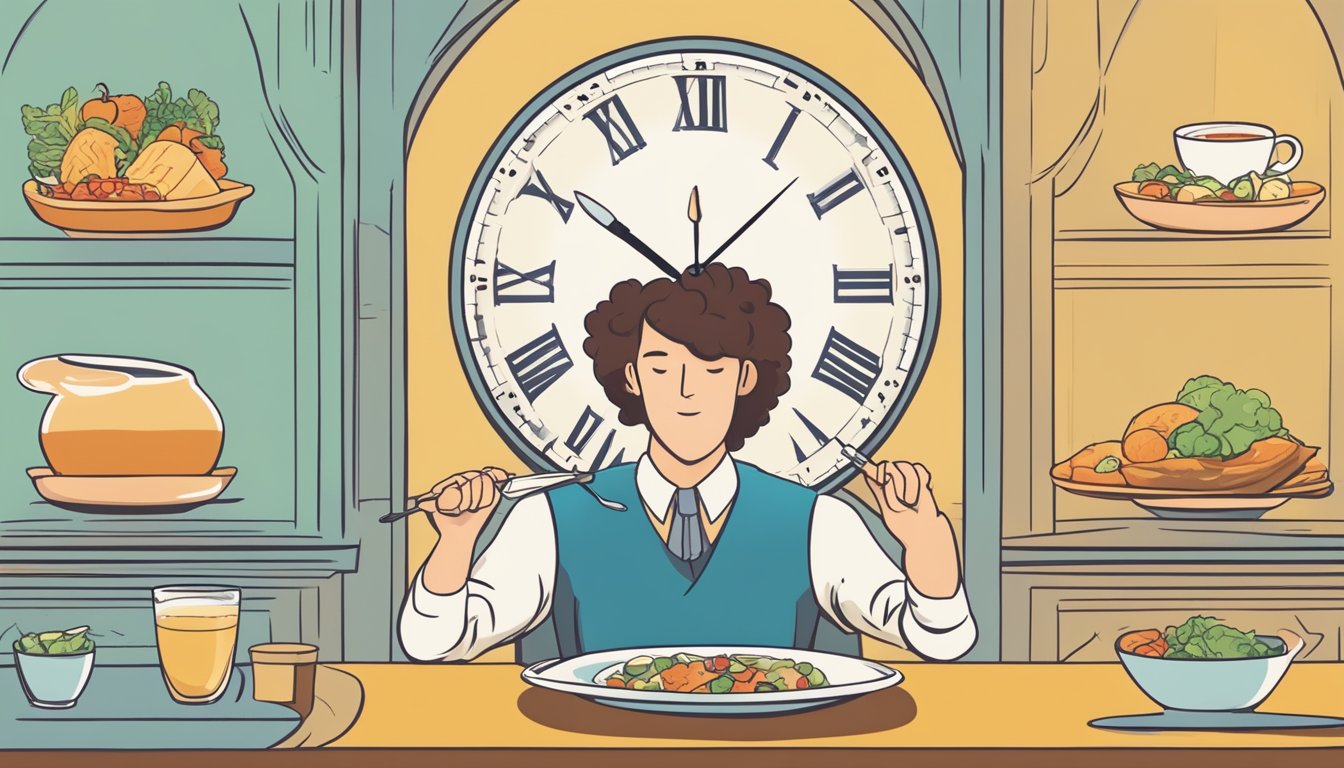 A person enjoying a balanced meal with a clock showing a specific fasting window. The person appears energized and focused, suggesting health benefits from intermittent fasting