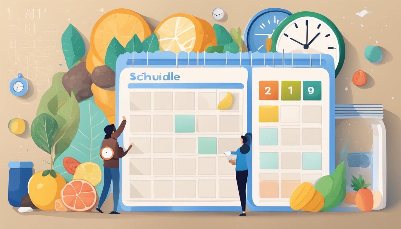 A clock with a schedule grid, food items, and a person planning