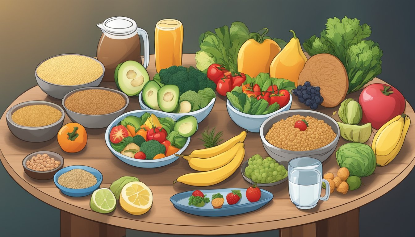 A table filled with a variety of foods, including fruits, vegetables, grains, and lean proteins, with a clock in the background indicating different times of day