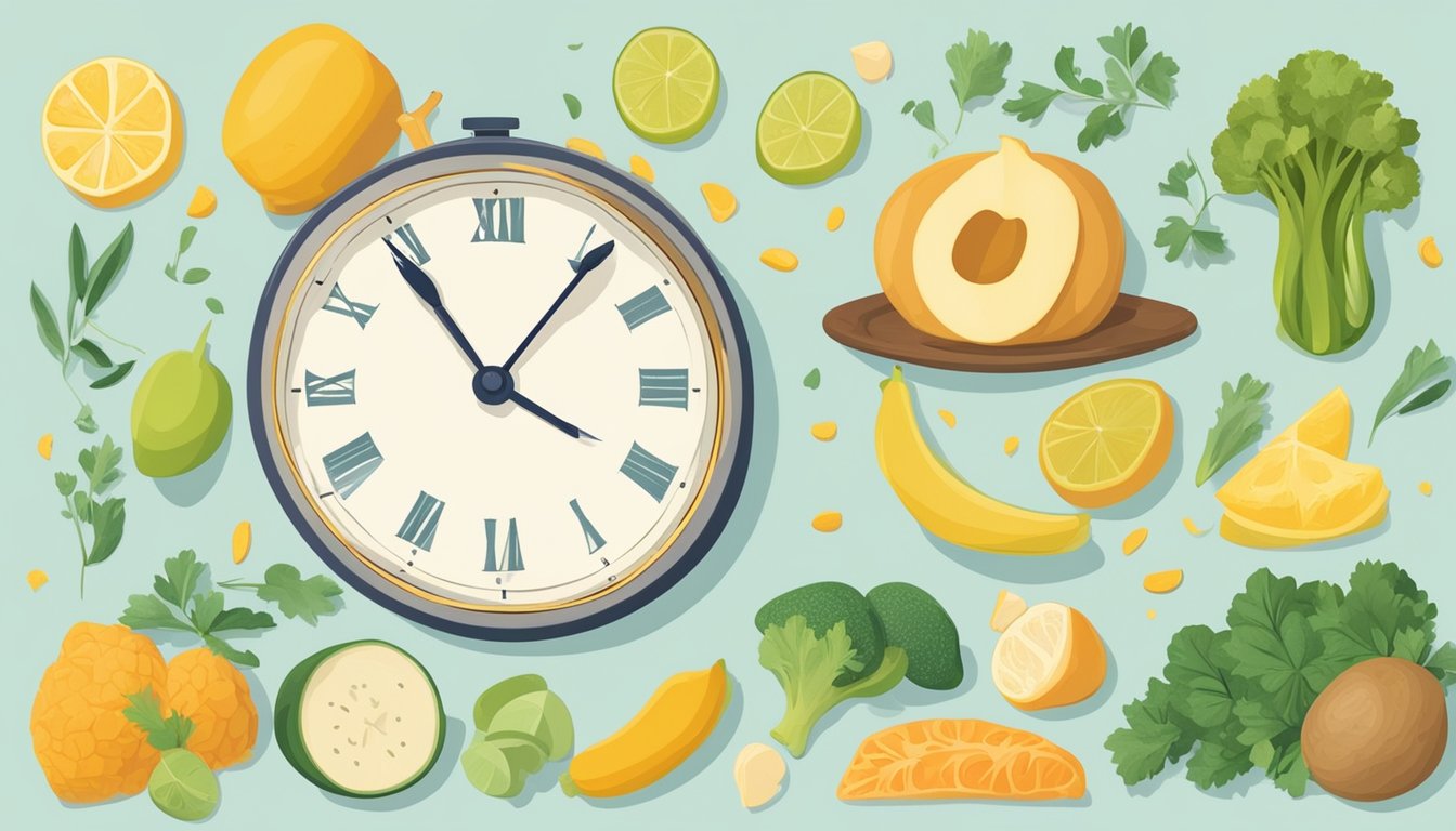 A clock showing the time periods for intermittent fasting, surrounded by healthy meal ingredients and a calendar for planning