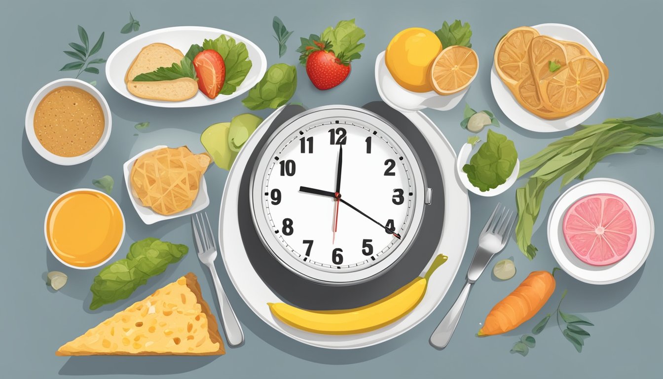 A clock showing 2 and 5, surrounded by various food items, with a plate half full and half empty, symbolizing the challenges and solutions of intermittent fasting