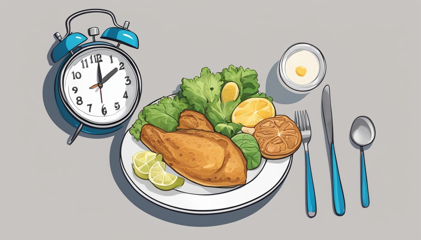 A clock showing 2 pm and 5 pm with a plate of food and an empty plate, symbolizing intermittent fasting for long-term success