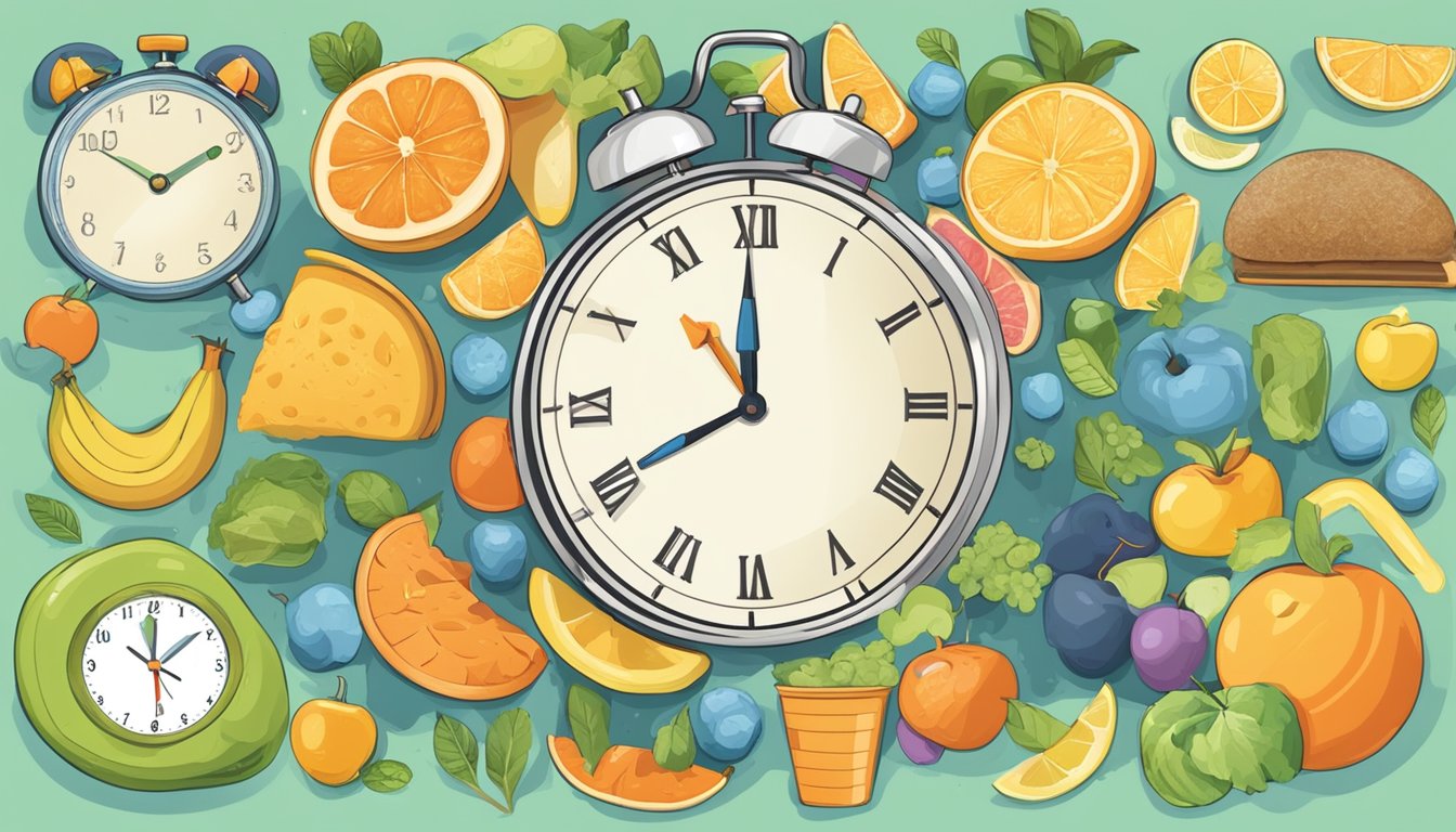 A clock showing the time intervals of 2 and 5, surrounded by images of healthy food and exercise equipment