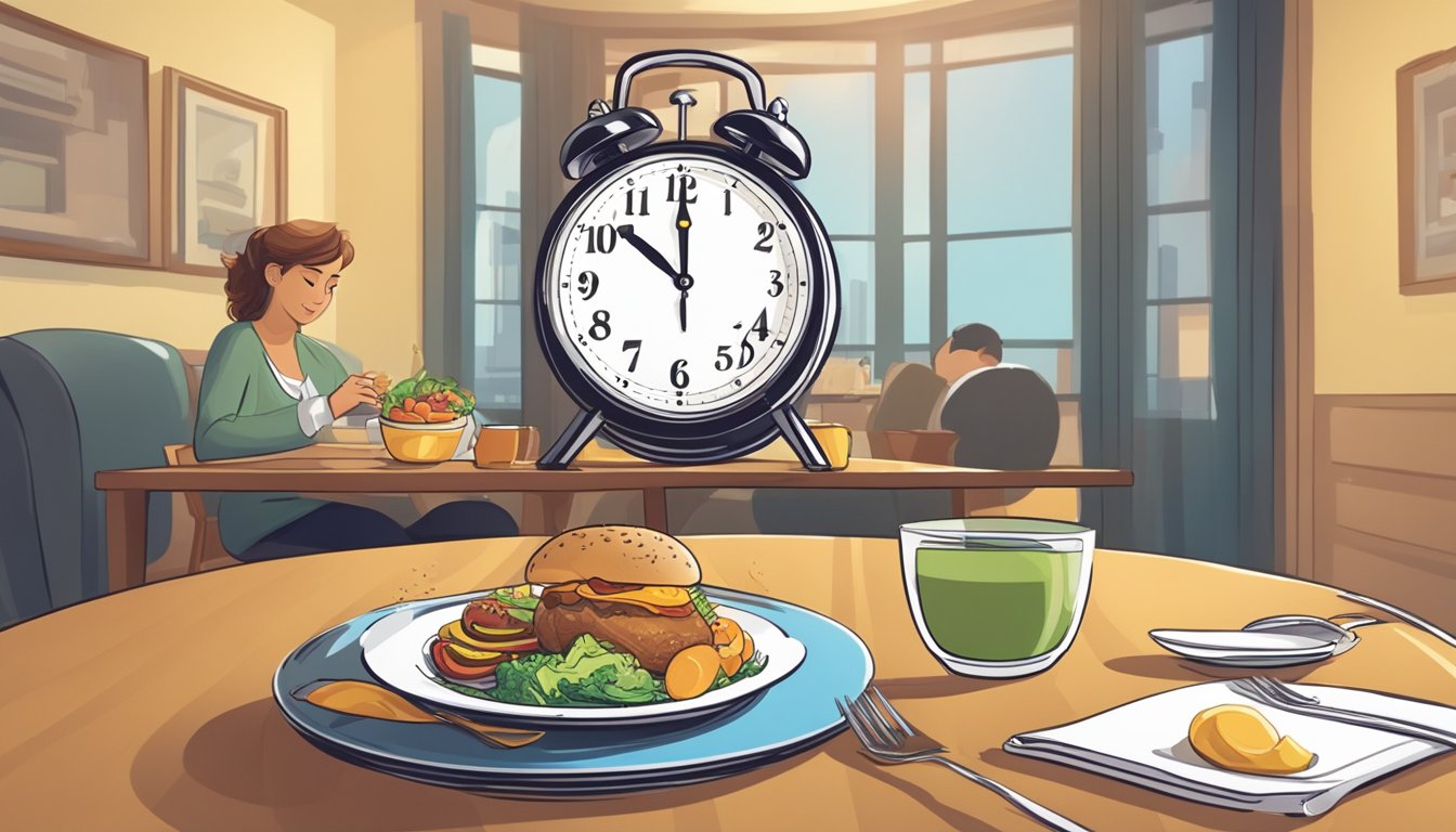 A clock beside a balanced meal on a table, with a person skipping a meal in the background