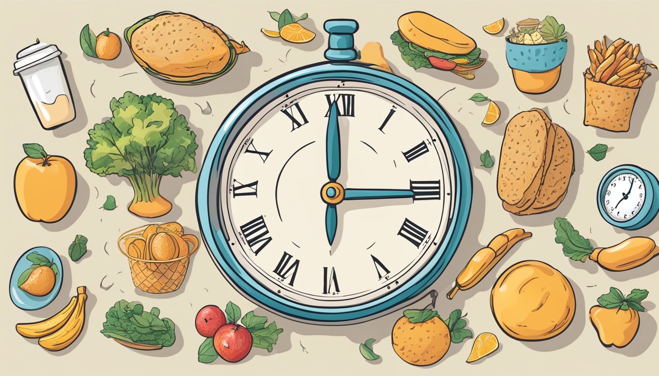 A clock with hands at 12 and 6, surrounded by various food items, with arrows indicating a cycle of eating and fasting