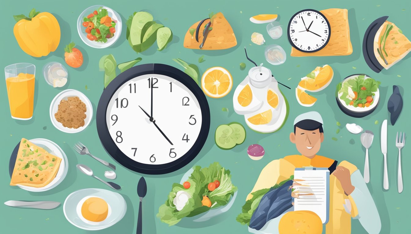 A person's daily routine with a clock showing specific eating and fasting times